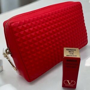Valentino Vibrant Red Studded Cosmetic Bag + Mini Lipstick